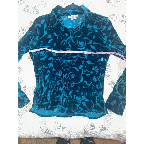 VINTAGE 90s Teal Rayon Silk Devore Burnout Velvet Blouse S - Picture 6 of 6
